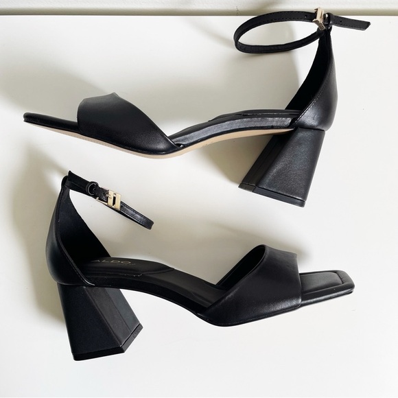 NEW ALDO Safdie Ankle strap heels sandal Block heel square toe black leather 8.5 - Picture 14 of 16